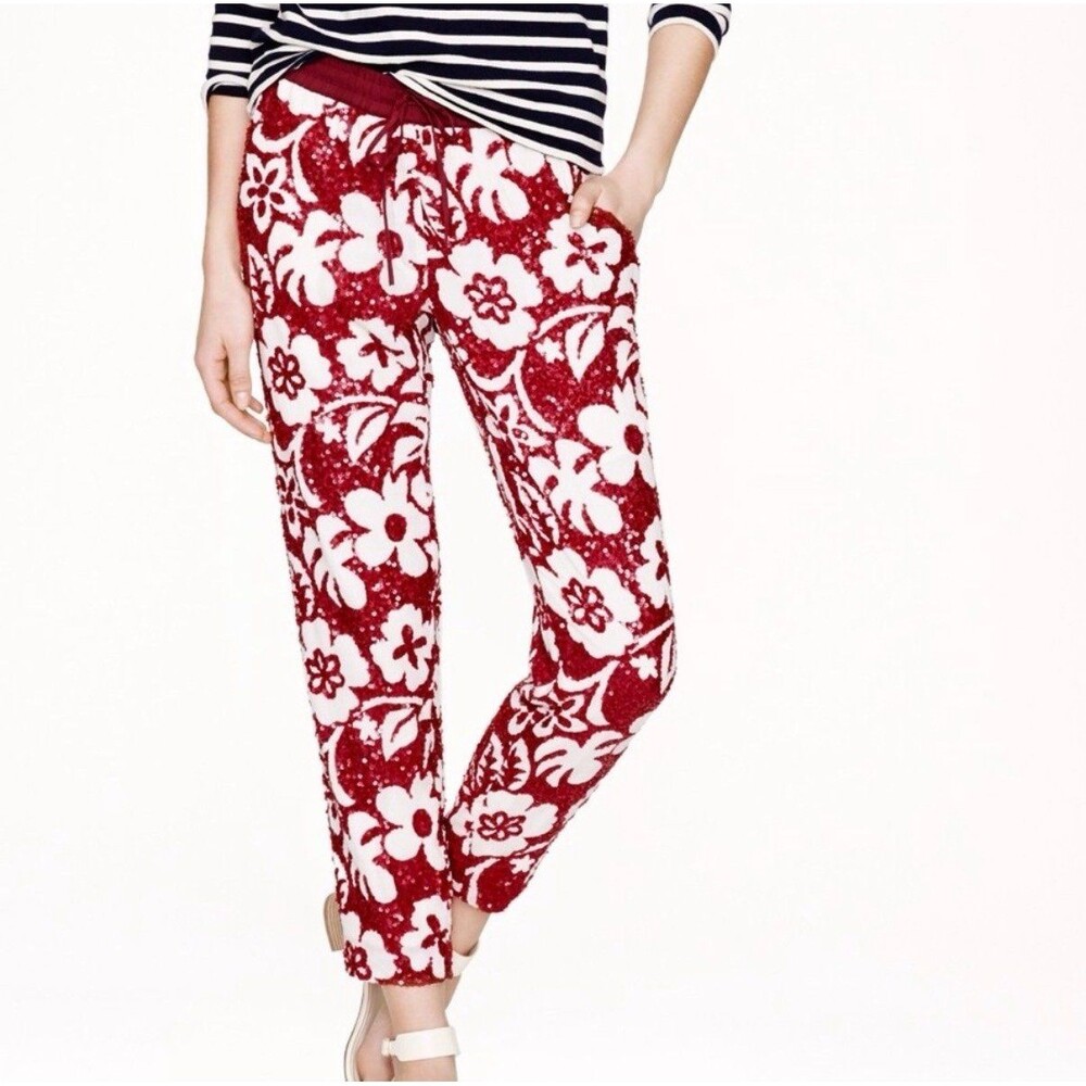 J. Crew Collection Tropical Sequin Pants Hibiscus Floral Burgundy Vacation